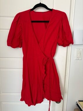 Zara Red Wrap Mini Dress with Puff Sleeves